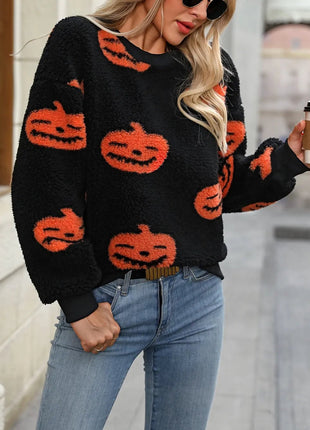 Fuzzy Pumpkin Round Neck Dropped Shoulder Sweater - MimiStylez