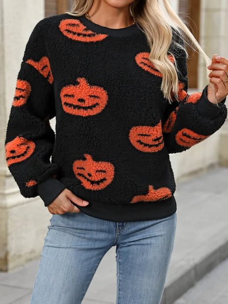 Fuzzy Pumpkin Round Neck Dropped Shoulder Sweater - MimiStylez