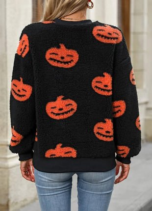 Fuzzy Pumpkin Round Neck Dropped Shoulder Sweater - MimiStylez