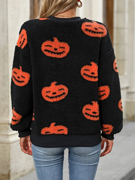 Fuzzy Pumpkin Round Neck Dropped Shoulder Sweater - MimiStylez