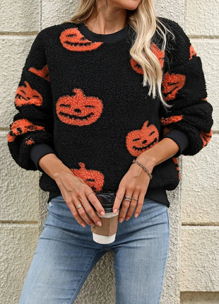 Fuzzy Pumpkin Round Neck Dropped Shoulder Sweater - MimiStylez