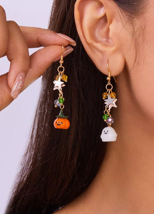 Halloween Asymmetrical Pumpkin Ghost Earrings - MimiStylez