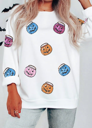 Halloween Pumpkin Lantern Sequin Patched Sweatshirt - MimiStylez