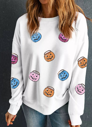 Halloween Pumpkin Lantern Sequin Patched Sweatshirt - MimiStylez