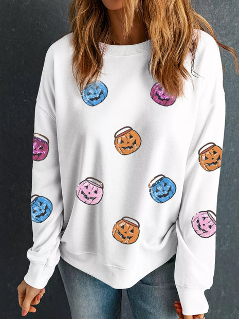 Halloween Pumpkin Lantern Sequin Patched Sweatshirt - MimiStylez