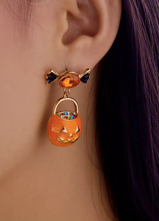 Halloween Rhinestone Pumpkin Dangle Earrings - MimiStylez