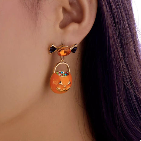 Halloween Rhinestone Pumpkin Dangle Earrings - MimiStylez
