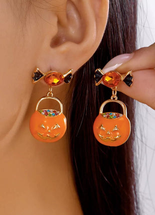Halloween Rhinestone Pumpkin Dangle Earrings - MimiStylez