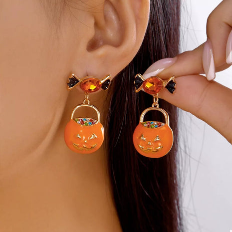 Halloween Rhinestone Pumpkin Dangle Earrings - MimiStylez