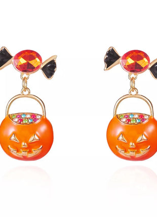 Halloween Rhinestone Pumpkin Dangle Earrings - MimiStylez