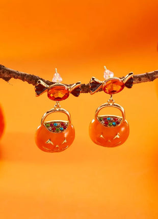 Halloween Rhinestone Pumpkin Dangle Earrings - MimiStylez