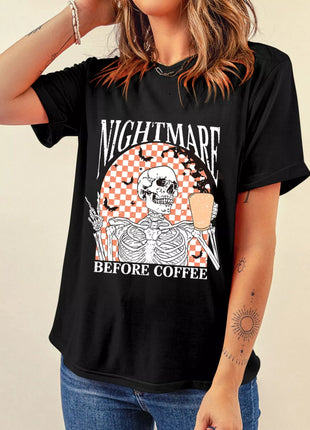 Halloween Skull Checkerboard Graphic Round Neck Tee - MimiStylez