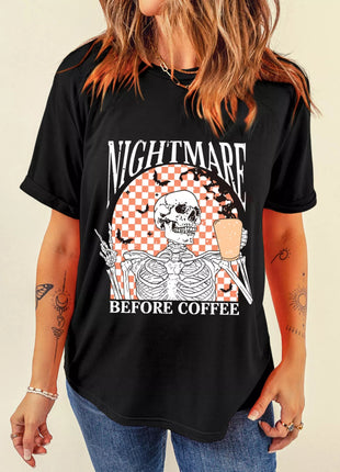 Halloween Skull Checkerboard Graphic Round Neck Tee - MimiStylez