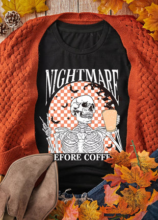 Halloween Skull Checkerboard Graphic Round Neck Tee - MimiStylez