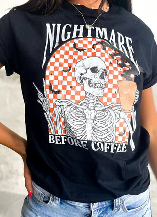 Halloween Skull Checkerboard Graphic Round Neck Tee - MimiStylez
