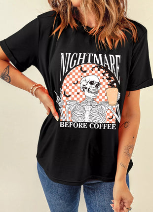 Halloween Skull Checkerboard Graphic Round Neck Tee - MimiStylez