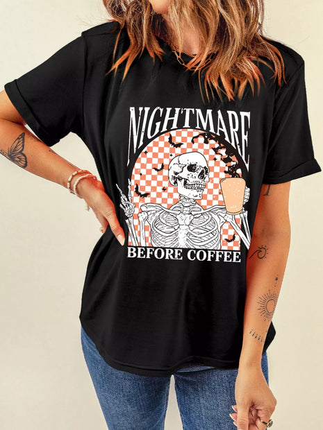 Halloween Skull Checkerboard Graphic Round Neck Tee - MimiStylez