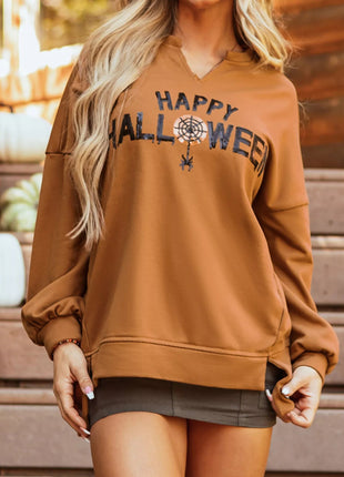 Happy Halloween Graphic Notched Long Sleeve Loose Top - MimiStylez