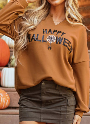 Happy Halloween Graphic Notched Long Sleeve Loose Top - MimiStylez