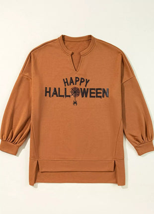 Happy Halloween Graphic Notched Long Sleeve Loose Top - MimiStylez