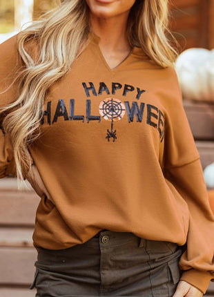 Happy Halloween Graphic Notched Long Sleeve Loose Top - MimiStylez