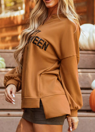 Happy Halloween Graphic Notched Long Sleeve Loose Top - MimiStylez