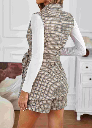Houndstooth Lapel Collar Vest Coat and Shorts Set - MimiStylez