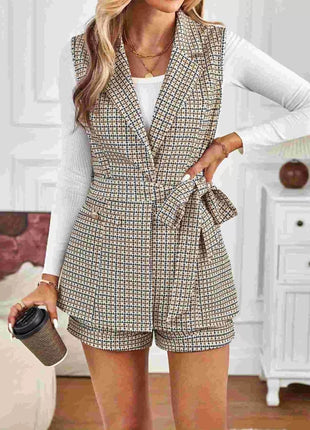 Houndstooth Lapel Collar Vest Coat and Shorts Set - MimiStylez