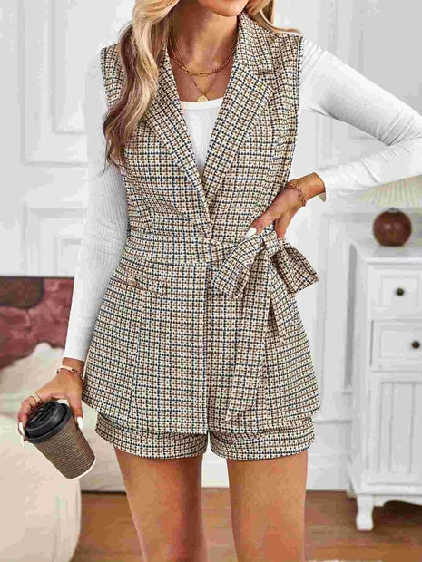Houndstooth Lapel Collar Vest Coat and Shorts Set - MimiStylez