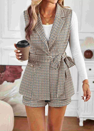 Houndstooth Lapel Collar Vest Coat and Shorts Set - MimiStylez