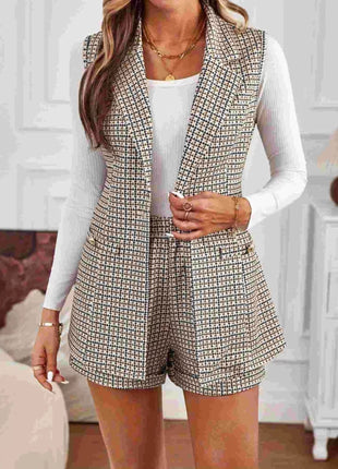 Houndstooth Lapel Collar Vest Coat and Shorts Set - MimiStylez