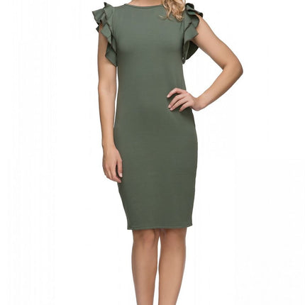 Knitted Dress with Welt Neckline & Statement Frill Sleeve - MimiStylez