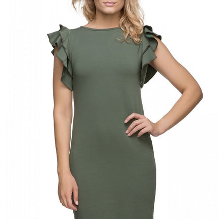 Knitted Dress with Welt Neckline & Statement Frill Sleeve - MimiStylez