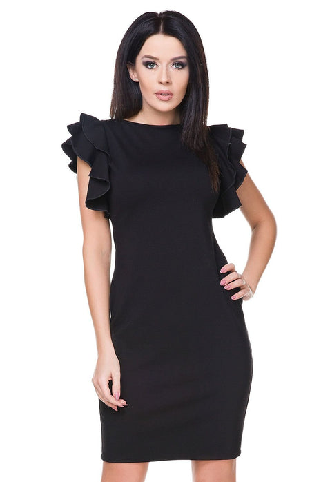 Knitted Dress with Welt Neckline & Statement Frill Sleeve - MimiStylez