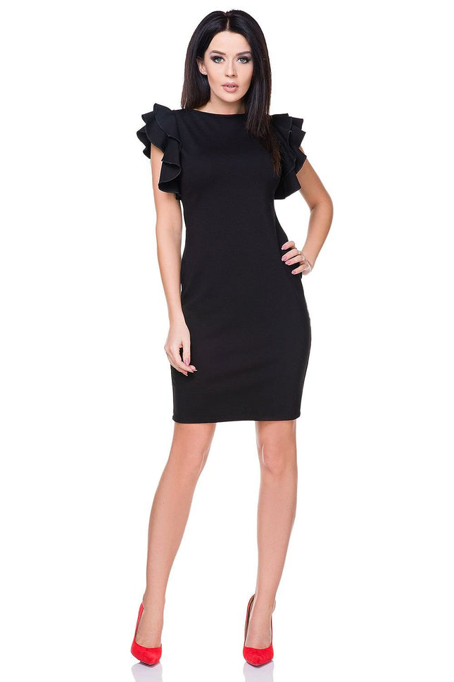 Knitted Dress with Welt Neckline & Statement Frill Sleeve - MimiStylez