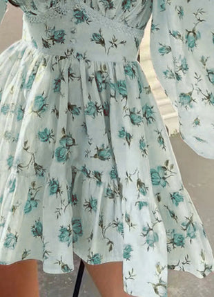 Lace Detail V - Neck Balloon Sleeve Dress - MimiStylez