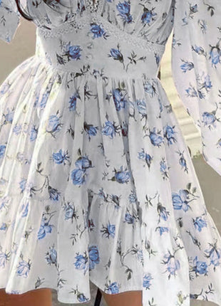 Lace Detail V - Neck Balloon Sleeve Dress - MimiStylez