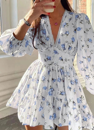 Lace Detail V - Neck Balloon Sleeve Dress - MimiStylez