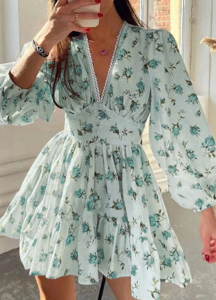 Lace Detail V - Neck Balloon Sleeve Dress - MimiStylez