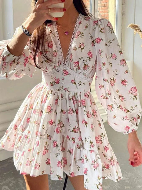 Lace Detail V - Neck Balloon Sleeve Dress - MimiStylez