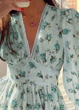 Lace Detail V - Neck Balloon Sleeve Dress - MimiStylez