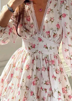 Lace Detail V - Neck Balloon Sleeve Dress - MimiStylez