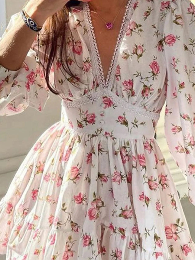 Lace Detail V - Neck Balloon Sleeve Dress - MimiStylez