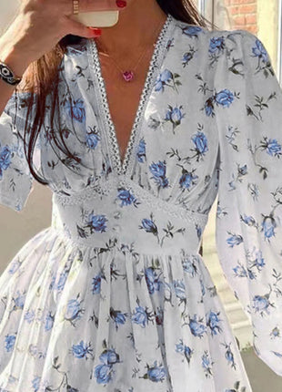 Lace Detail V - Neck Balloon Sleeve Dress - MimiStylez