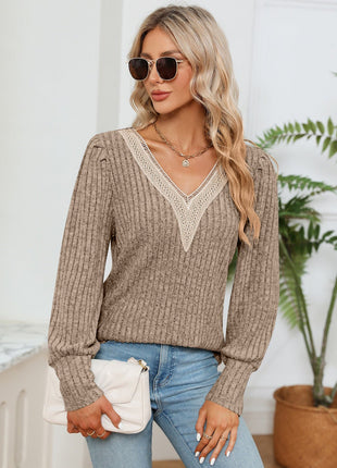 Lace Detail V - Neck Ribbed Blouse - MimiStylez