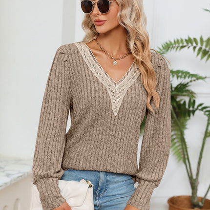 Lace Detail V - Neck Ribbed Blouse - MimiStylez