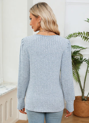 Lace Detail V - Neck Ribbed Blouse - MimiStylez