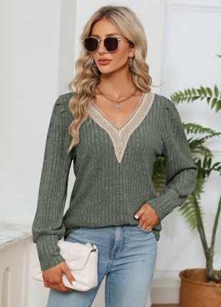 Lace Detail V - Neck Ribbed Blouse - MimiStylez