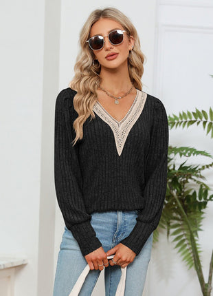 Lace Detail V - Neck Ribbed Blouse - MimiStylez