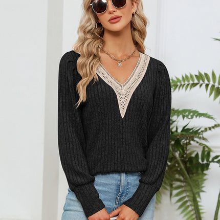Lace Detail V - Neck Ribbed Blouse - MimiStylez